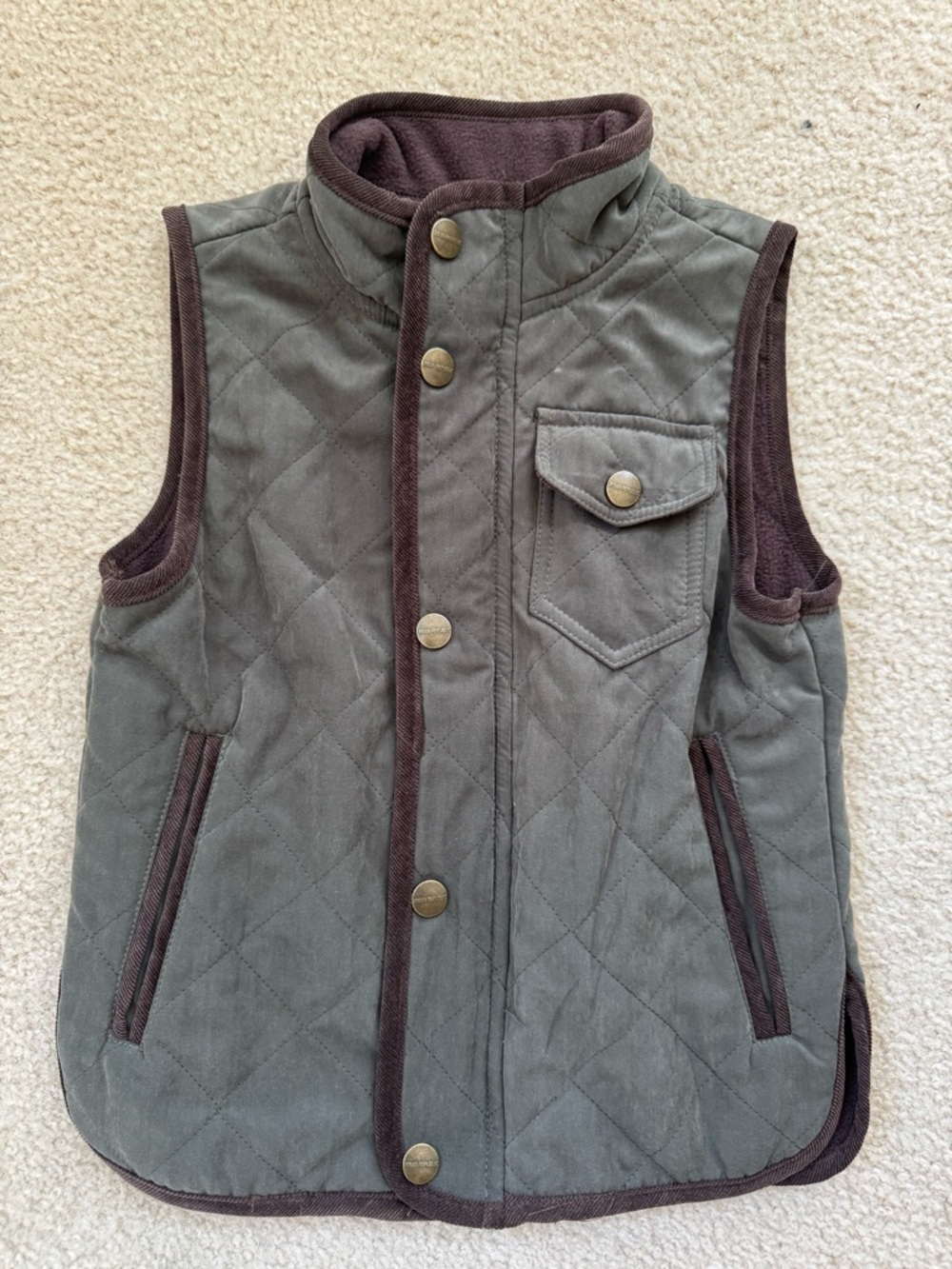 Urban Republic Olive Quilted Vest with Brown Trim